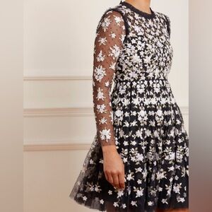 Needle & Thread Black Mesh Dress with White Floral Embroidery